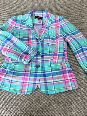 Talbots Women’s 2P Petite Madras Plaid Blazer Jacket Linen Blend Ruched Cuff